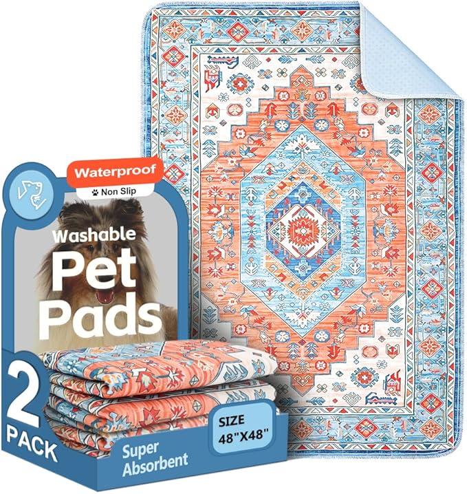 Washable Pee Pads for Dogs, 2 Pack Reusable Puppy Training Pads 48"x48" Super Absorbent Waterproof Dog Training Pads, Non-Slip Potty Pads, Whelping Pads Litter Mat Orange/Mix