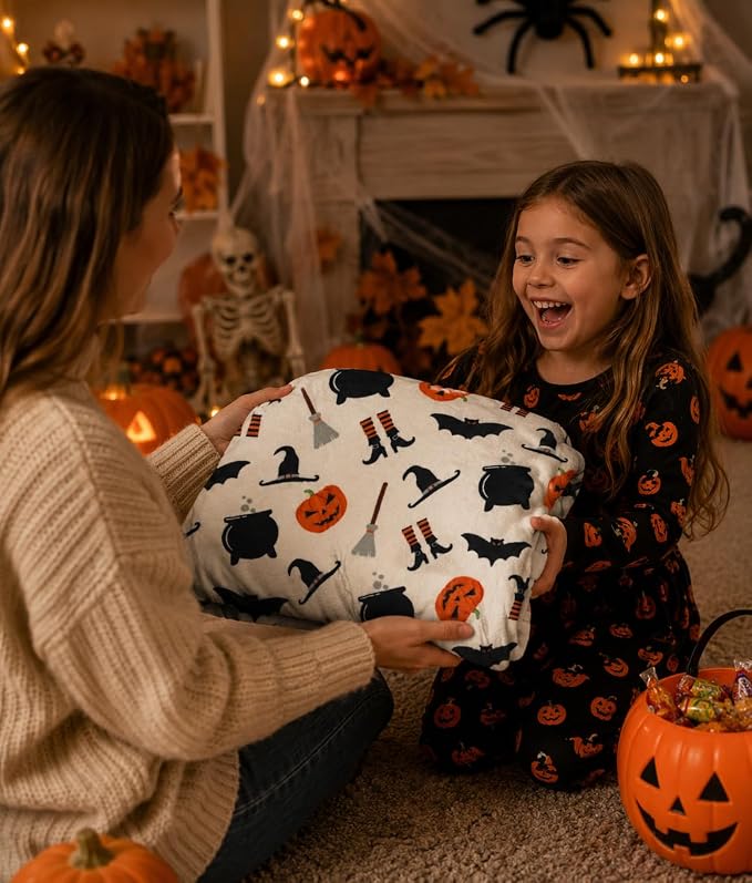 Halloween Cute Witch Fleece Throw Blanket, JackOLantern Bats, 50x60 | Soft velvet fleece throw blanket with witches hat, Jack O Lantern, and black bats design - Perfect for Halloween décor