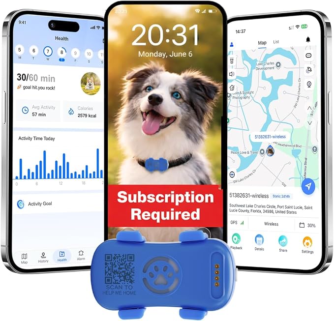 Pet GPS Tracker for Dogs, Real Time Location Tracking Device Lightweight Waterproof Collar Tracker with App Long Battery Life Subscription Required