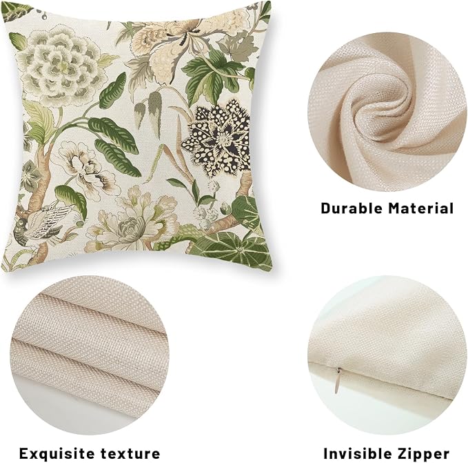 Green Pillow Covers 18x18 Inch Set of 2 Vintage Green Floral Throw Pillows Chinoiserie Flower Decorative Pillow Cases Outdoor Linen Farmhouse Cushion Covers for Couch Sofa Decorations