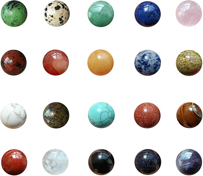 20Pcs 16mm Natural Stone Balls Healing Crystal Gemstone Spheres Polished Assorted Small Marbles, 20 Mix Colors of Stone, 1 for Each