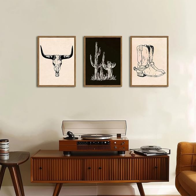 Vintage Western Wall Art Set of 3, Southwestern Cowboy Wall Decor Paintings, Black and White Longhorn Bull Skull Canvas Prints for Bedroom Living Room 12x16 inch Wood Framed