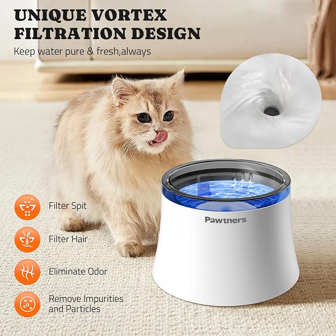 Pawtners 1 Gal/3.5L Dog Water Fountain, Automatic Dog Water Bowl Dispenser | Vortex Flow filter, Automatic Pet Water Fountain for Large Dogs Inside, Deep Drinking Area and Quiet Pump, 6.7" H