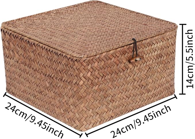 Moosky Wicker Shelf Baskets with Lid, Handwoven Seagrass Storage Basket Bins Square Gift Boxes for Shelves Home Decor Organizer (Coffee, Medium)