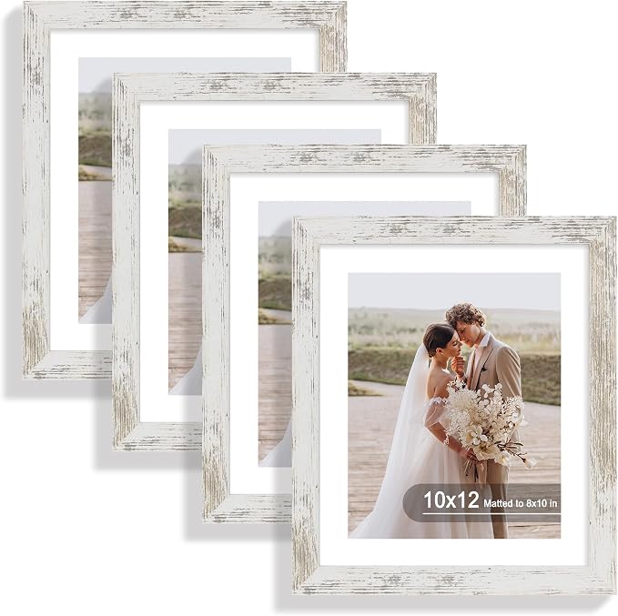 Hongkee 10x12 Picture Frame Set of 4, Made of Real Glass and Distressed White Frame - Display Picture 8x10 with Mat or 10x12 Without Mat, 10 by 12 Photo for Wall Mounting