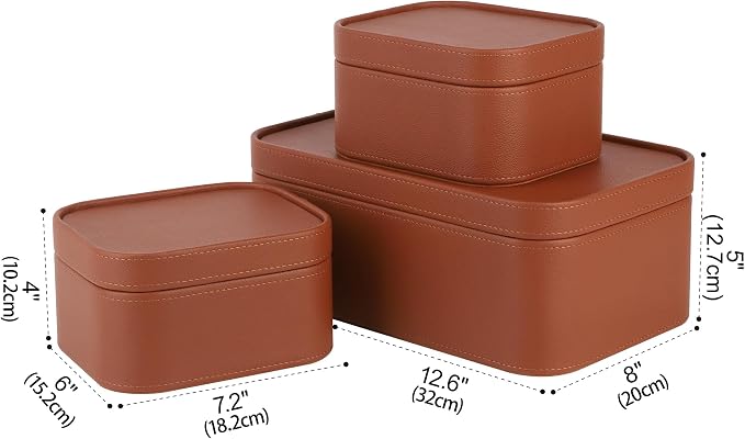 HofferRuffer Faux Leather Decorative Storage Boxes, Dust proof Storage Shelf Baskets with Lids Trays, Storage Bins Memory Box Organizer for Home, Office, Jewelry & More, Set of 3 (Brown)