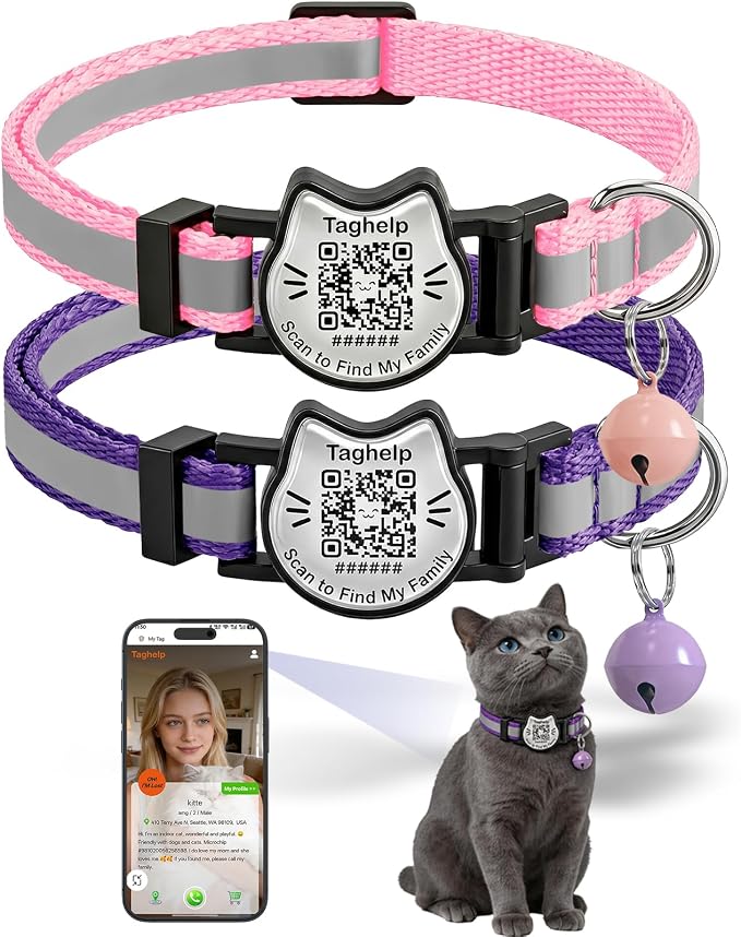 Breakaway Cat Collar with QR Code Tag and Bell (Pink & Purple) | Reflective Nylon, Quick-Release Buckle