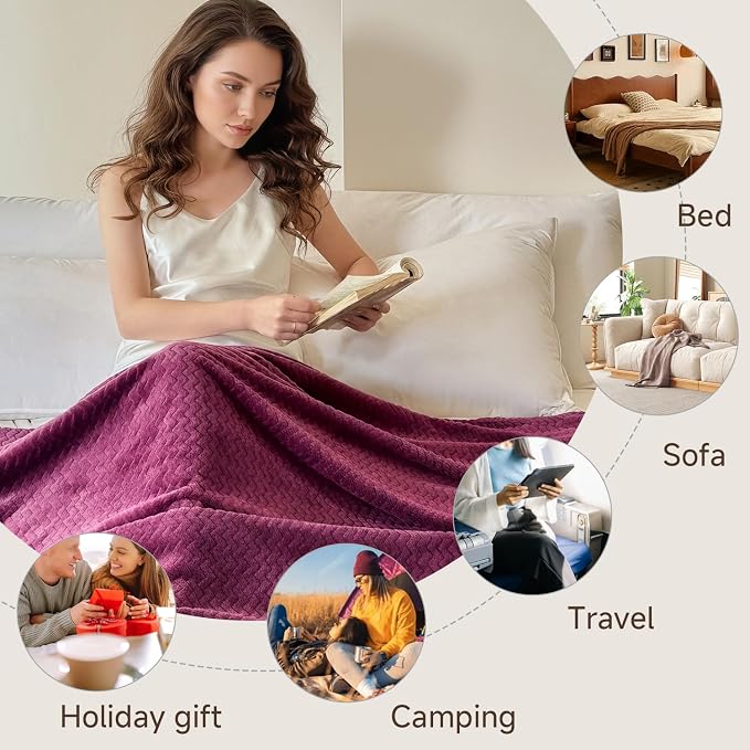 Simple&Opulence Wine Fleece Throw Blanket Lightweight Super Soft Cozy Flannel Blanket with Wave Textured for Sofa Couch Bedroom Decor Camping 50x60 Inches All Season Use（Wave Wine