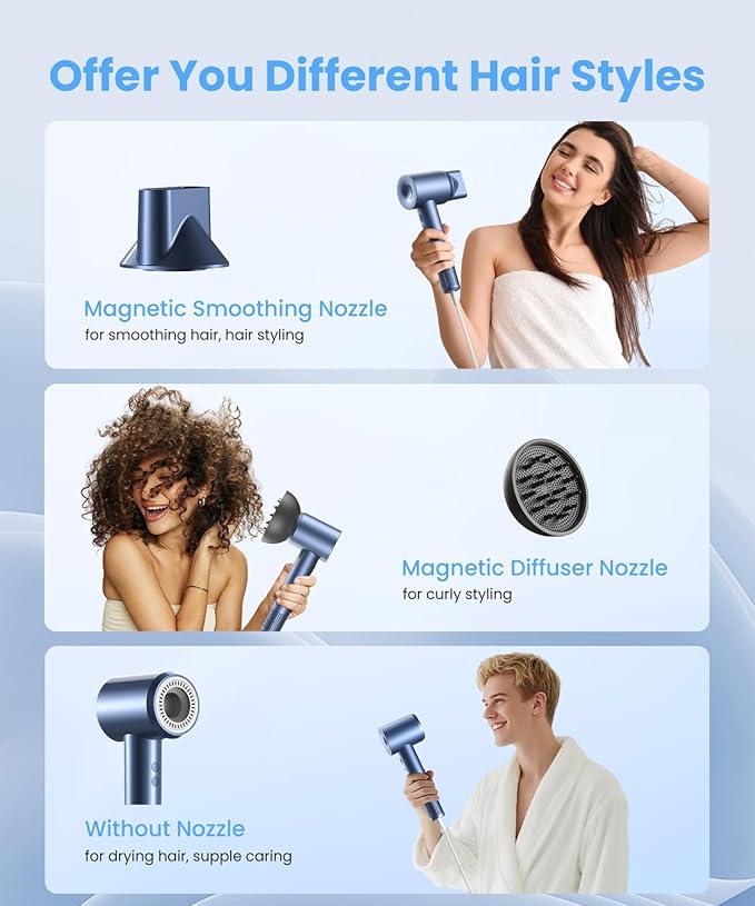 LAMPICK Hair Dryer, 150000 RPM Lightweight High Speed Ionic Blow Dryer for Fast Drying, 500 Million Negative Ions Care & Heat-Control Hairdryer with Magnetic Diffuser & Nozzle, 5 Temps & 3 Speeds