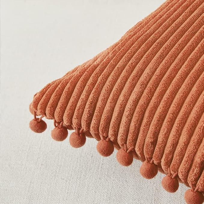 Fancy Homi Set of 2 Rust Decorative Throw Pillow Covers 14x14 Inch with Pom-poms for Couch Bed Sofa, Modern Farmhouse Boho Home Decor, Soft Plush Corduroy Cute Cushion Case 35x35 cm
