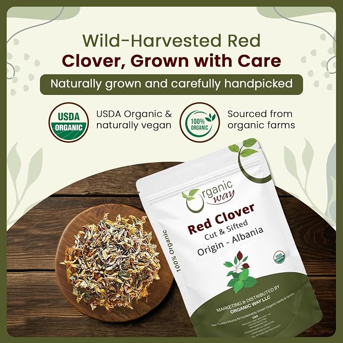 Organic Way Red Clover Flower Cut & Sifted (Trifolium pratense) - Herbal Tea | European Wild-Harvest | Organic & Kosher Certified | Non GMO & Gluten Free | USDA Certified | Origin - Albania (2Oz.)