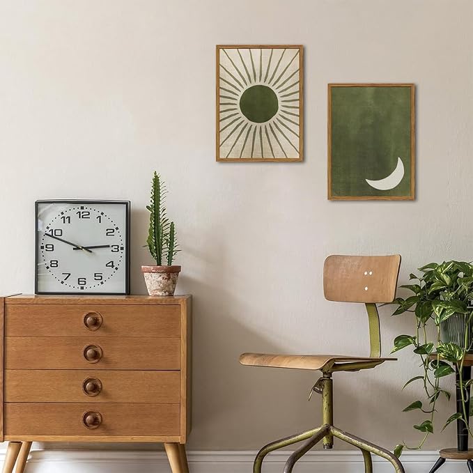 Framed Boho Sun and Moon Canvas Wall Art Set of 2, Vintage Sage Green Bohemian Pictures Wall Decor, Mid Century Modern Abstract Minimalist Paintings Prints for Living Room Bedroom Office 16x24 inch
