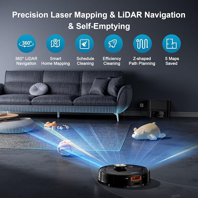Robot Vacuum,11500Pa Suction,LiDAR Navigation,Self-Emptying,Pet Hair | 90-Day Hands-Free Cleaning 160-Minute Long Runtime Multi-Floor Map Room-Based Cleaning Control Alexa Google Assistant Support