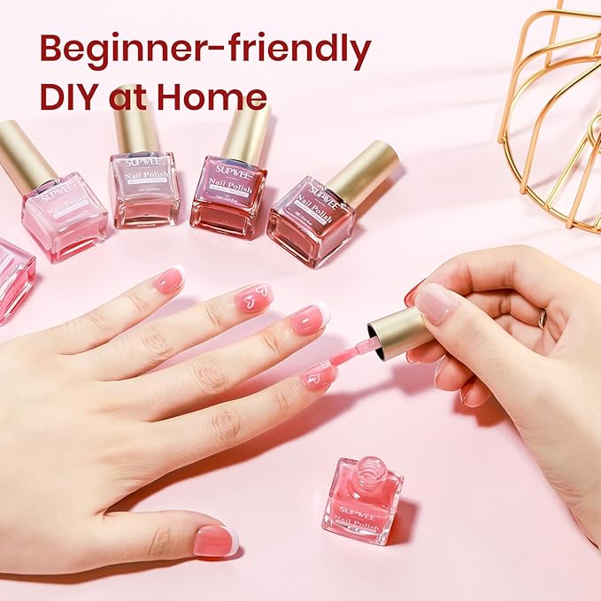 Jelly Nail Polish Set Non Gel, Quick Dry Sheer Nude Pink Regular Nail Polish Natural Neutral Fingernail Lacquer High Glossy Manicure DIY Salon Gift for Women Girl（Nude Pink Red Brown Colors）