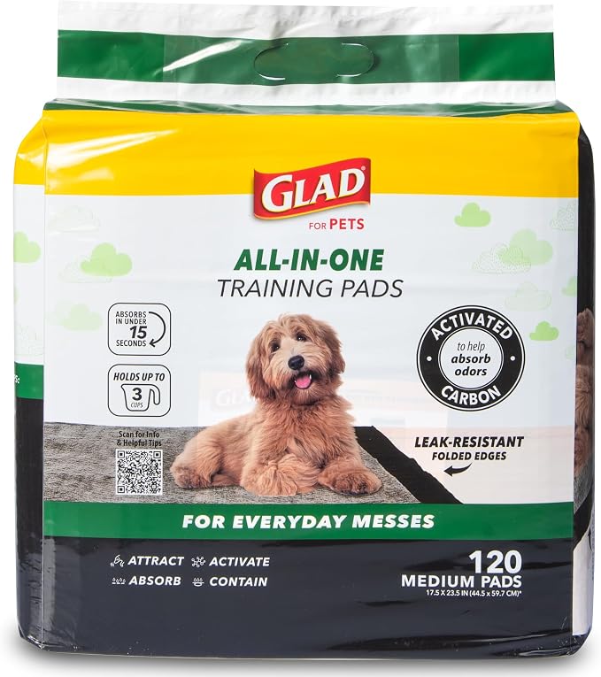 Glad for Pets Black Charcoal Puppy Pads, 17.5 x 23.5 Inch, 120 Count | Super-absorbent core, disposable design, 17.5x23.5 in, potty crate and indoor training