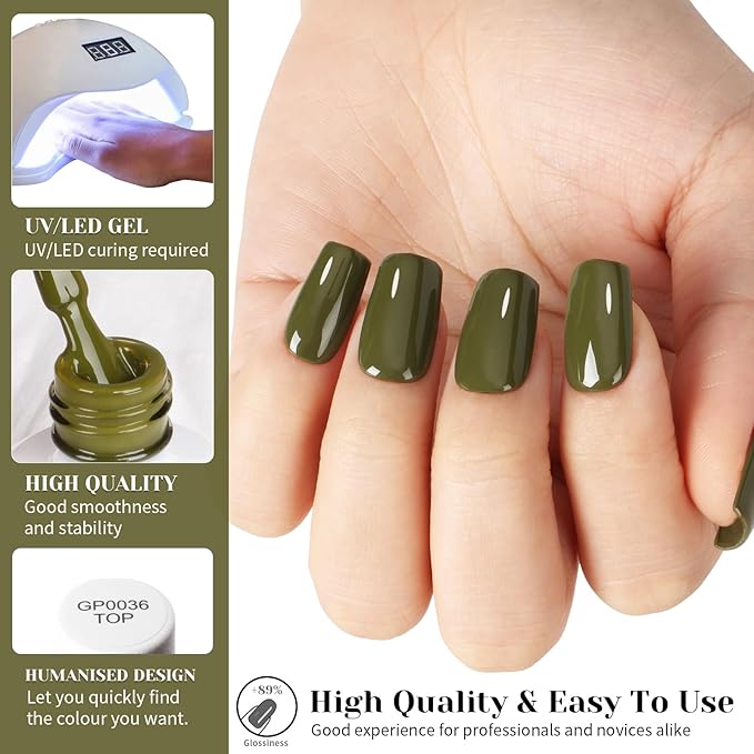 Olive Green Gel Nail Polish, 15ml UV/LED Soak Off Dark Green Gel Polish for Manicure Salon or DIY Nail Art at Home,Spring Summer Fall Colors - GP0061
