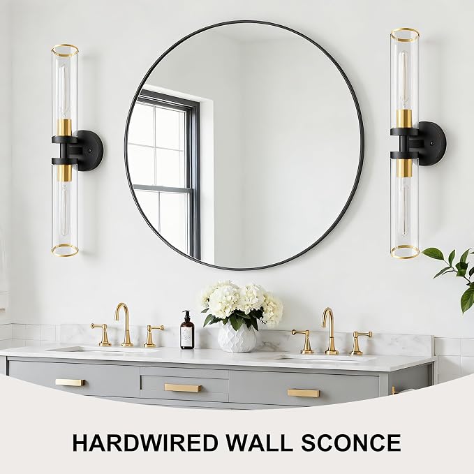 Wall Sconces Set of Two, Black and Gold Bathroom Wall Sconces with Clear Glass,Hardwired Modern Sconces Wall Decor Set of 2 Wall Light for Bathroom Mirror Bedroom Living Room Hallway Vanity