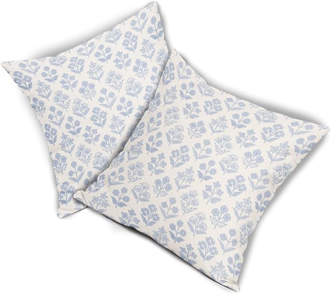 Baby Blue Floral Pillow Covers 22x22 Inch Set of 2, Vintage Flower Block Print Pattern Decorative Throw Pillowcases Outdoor Farmhouse Cushion Covers Spring Summer Rustic Sofa Couch Bed Decor