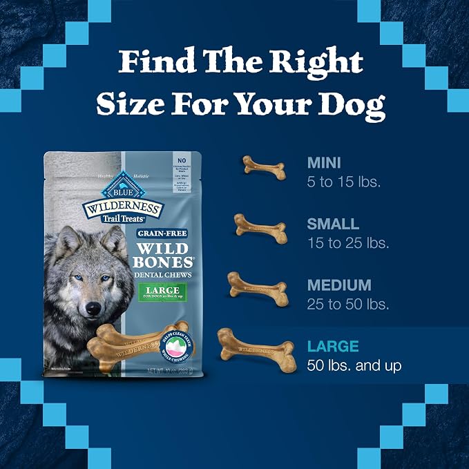 Blue Buffalo Wilderness Trail Treats Wild Bones Large Dental Chews, Grain-Free Dog Bones for Large Dogs Made with Natural Ingredients, 10-oz Bag (Pack of 6)