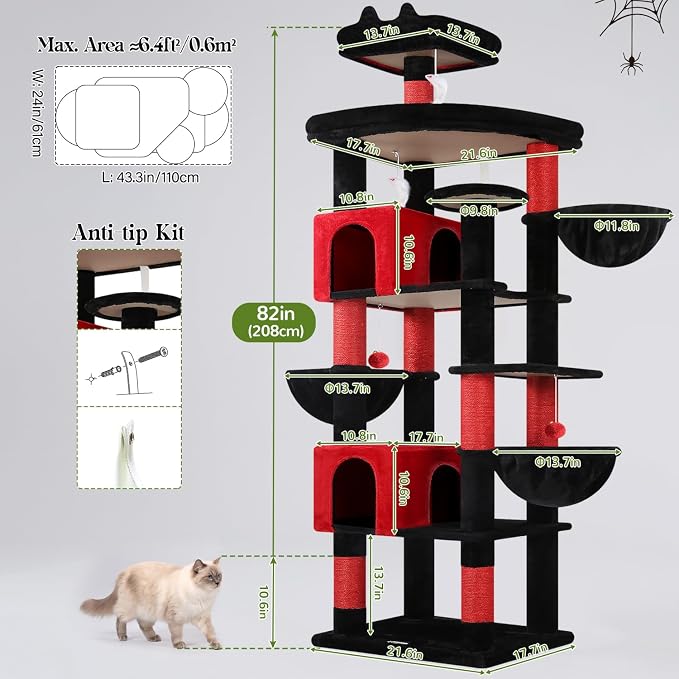 Globlazer Extra Large Gothic Cat Tree Tower, 82in Tall Goth Heavy Duty Cat Tree for Indoor Cats Large Adult Big Cat Tower with 8 Scratching Posts, 2 Condos, 2 Perches, 3 Basket Beds, S82, Red Black