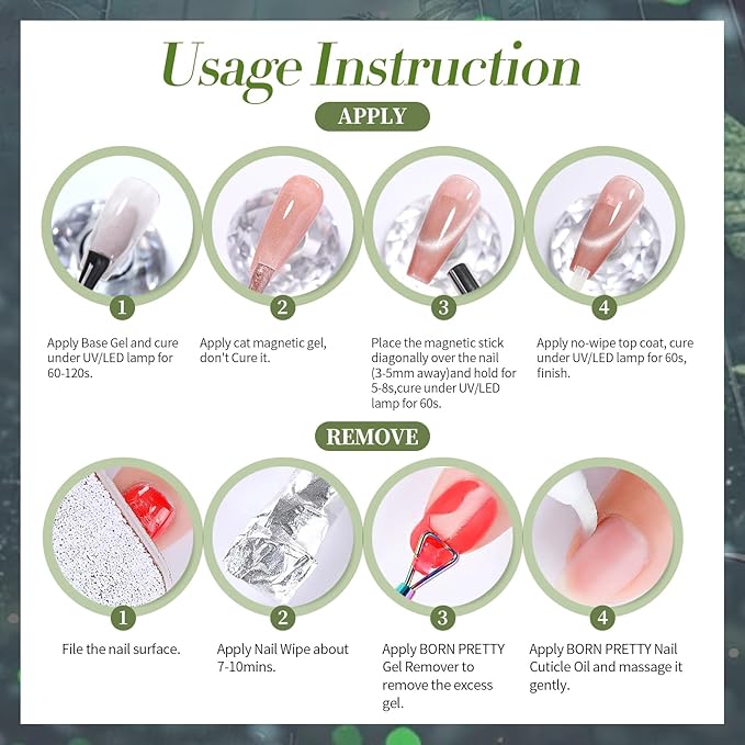 Born Pretty Cat Magnetic Gel Nail Polish, Green Gel Polish Crystal Cat Holographic Magnetic Nail Polish Nail Art Manicure Salon DIY at Home 15ML
