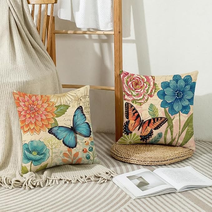 wyooxoo Spring Summer Pillow Covers 16x16 Set of 4 Farmhouse Throw Pillow Covers Linen Flower Butterfly Decorative Pillowcases for Sofa Couch Living Room Outdoor