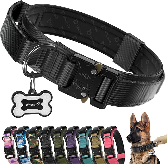 Tactical Dog Collar for Medium Large Dogs, with Leather Control Handle | Durable Metal Buckle, Soft Comfortable Padding, Adjustable, Military Heavy Duty Dog Collar for Large Dogs, Black