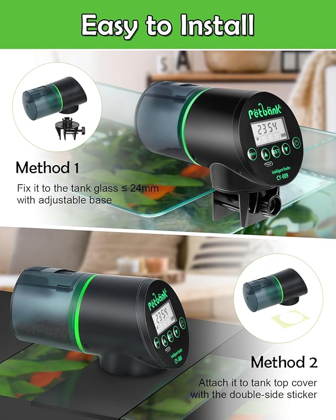 Automatic Fish Feeder for Aquarium Easy Setup & 4 Timers Black | 200ML Rechargeable Auto Food Dispenser for Flakes & Pellets, LCD Display, Vacation Feeding for Small Tank Betta Koi Turtle