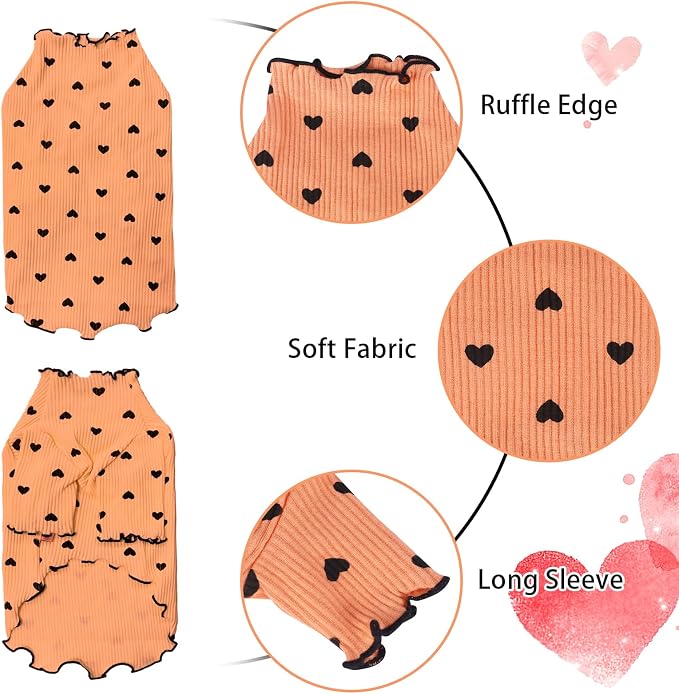 Pet Clothes for Small Dogs Cat Summer Fall Heart Print Shirt Stretchable Ruffle Long Sleeve Outfits for Chihuahua Schnauzer Shih Tzu Yorkie (Orange, Medium)