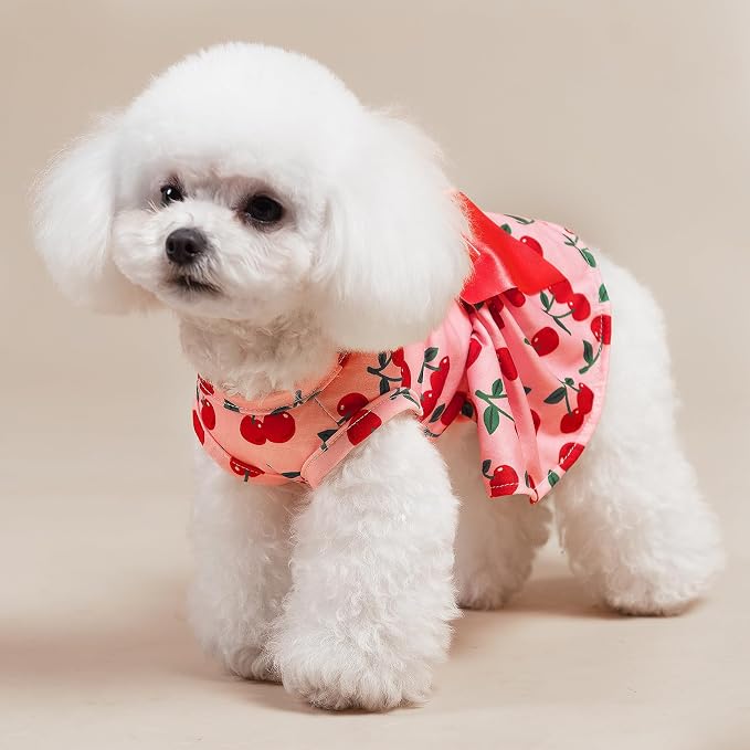 PUPTECK Stylish Cute Dog Dress with Bow Puppy Clothes, Pink Cherry XS | Breathable Lightweight Adorable Puppy Doggie Pet Clothes Outfits Apparel Costume for Party Holiday Photoshoot