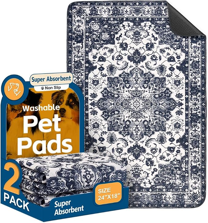 Washable Pee Pads for Dogs, 2 Pack Reusable Puppy Training Pads 24"x18" Super Absorbent Waterproof Dog Training Pads, Non-Slip Potty Pads, Whelping Pads Litter Mat Navy Blue
