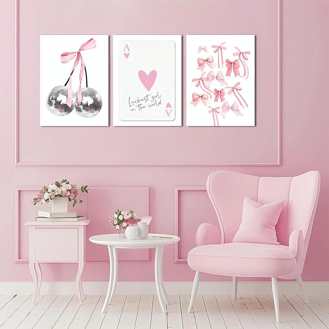 Trendy Pink Bows Wall Art Set of 3 Preppy Coquette Wall Decor Trendy Disco Ball Canvas Posters Prints Girly Aesthetic for College Apartment Bedroom Decoration Framed 16x24 In