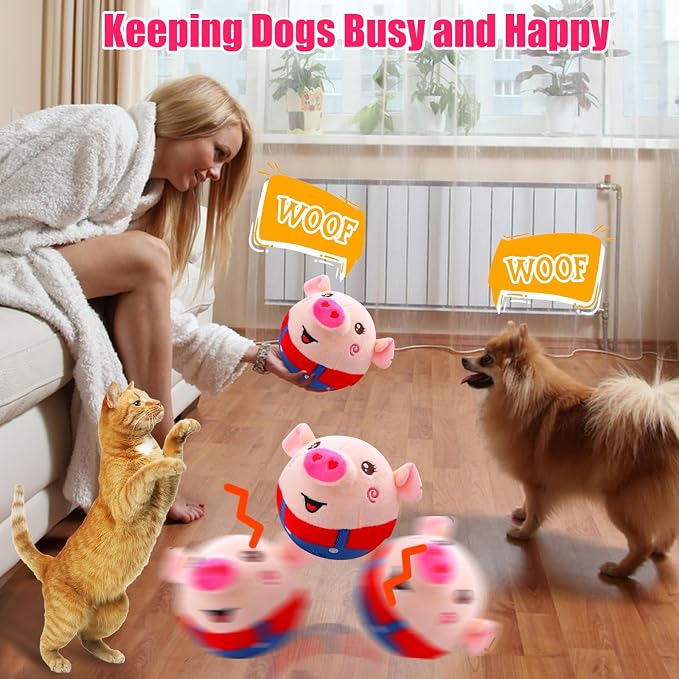 Interactive Plush Dogs Toys, Interactive Puppy Toy Bouncing Rolling Dogs Ball Remote Control Dog Toy with Music, Self Moving Pet Toys for Small/Medium/Large Bored Dog to Keep Them Busy(Pig)