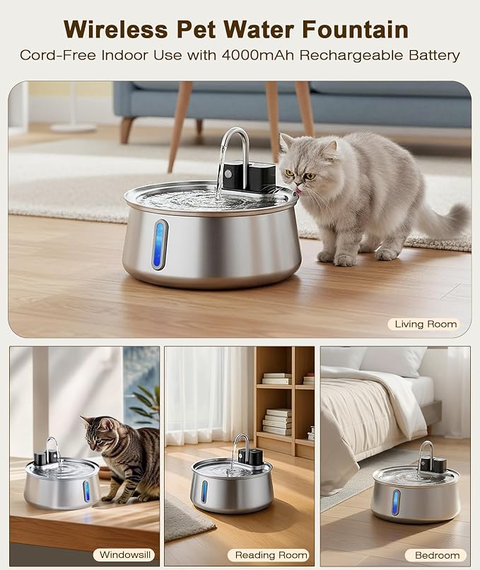 CEESC Cordless Cat Water Fountain, Stainless Steel, 4L/135oz for Cats/Dogs | Motion sensor, Long-Lasting 4000mAh, automatic pet water dispenser, 4-stage filtration, ultra-quiet pump, indoor