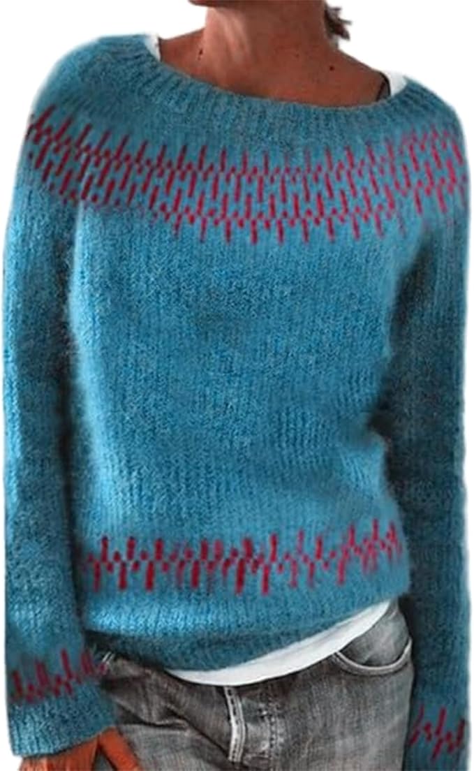 Zhyaj Fair Isle Sweater for Womens Winter Long Sleeve Vintage Knitted Sweater Casual Fall Crew Neck Pullover Sweaters