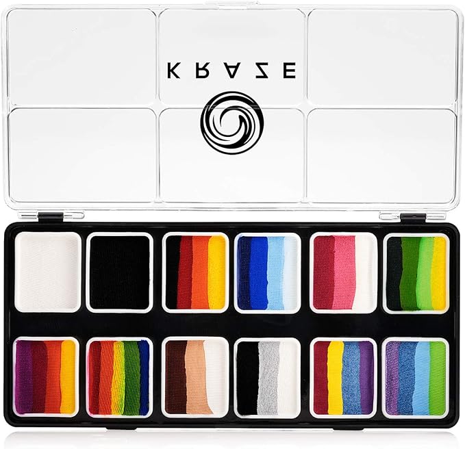 Kraze FX Splash 12 Color Split Cake Palette (6 gm) with 2 Brushes - Water Activated, Hypoallergenic, Safe, Non-Toxic Face Painting Kit for Sensitive Skin, Kids & Adults