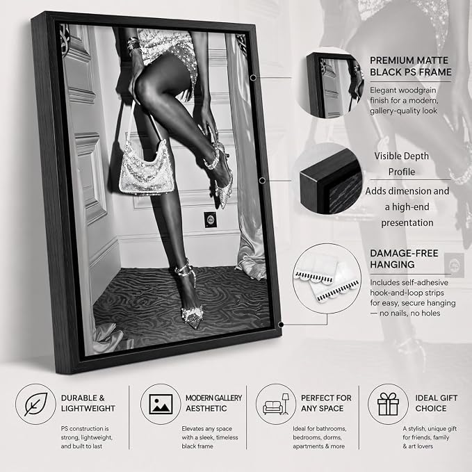 Framed Black and White Fashion Canvas Wall Art Luxury Feminist Picture Wall Decor Trendy Women High Heels Poster Print for Girl Dorm Bedroom Bar Cart Home Decoration 16x24in