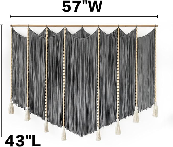 Jakalin Macrame Wall Hanging Grey Woven Yarn Large Boho Wall Art 57" x 43" | Handwoven Cotton, Fiber Wall Art, Grey Dip dye Design, Home Decor Boho, Macrame Yarn, Living Room, Bedroom Wall Decor