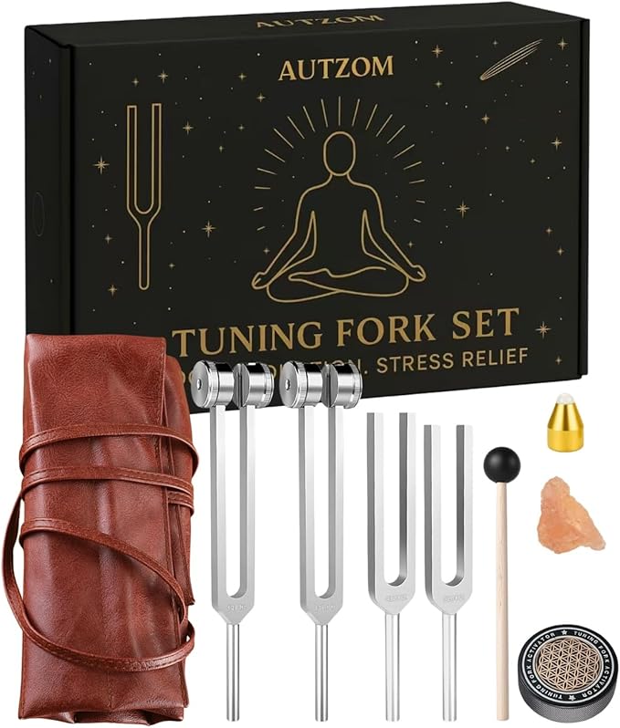 Tuning Forks for Healing Set - 128Hz, 136.1Hz, 256Hz, 384Hz for Stress Relief, Anxiety & Sleep, Healing Crystal Stone - Zen Tools, Mindfulness Yoga Accessories - Spiritual Gift
