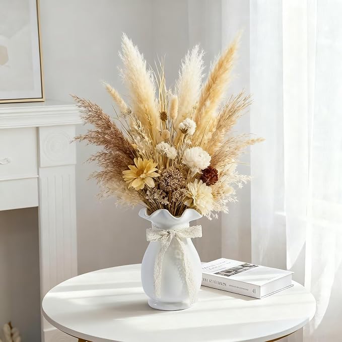 White Ceramic Flower Vase, Minimalist Decor, Modern Home Decorative Vase, Rural Farmhouses Vase for Bathroom, Dining Room, Bedroom, Living Room, Desktop Center Decoration