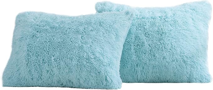 REAFORT Long Hair Faux Fur Standard Shams 20"x26", Envelope Closure (Aqua) | Ultra-soft long hair faux fur with an envelope closure offers plush comfort and is machine washable for easy care.