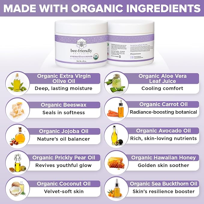 BeeFriendly Organic Corrective Cream, USDA Certified Face Moisturizer Rich Revitalizing Night Cream For Sensitive Skin Aids With Fine Lines, Wrinkles, Crows Feet, Eyes, Face, Neck 6 oz (3 Jars in box)