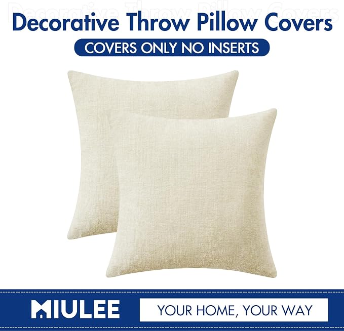 MIULEE Soft Chenille Throw Pillow Covers Cream 16x16 Inch Pack of 2 | Modern Home Decor, Classic Decorative Pillows, Solid Dyed Cases, Boho Couch Cushion Covers for Sofa Bed Living Room
