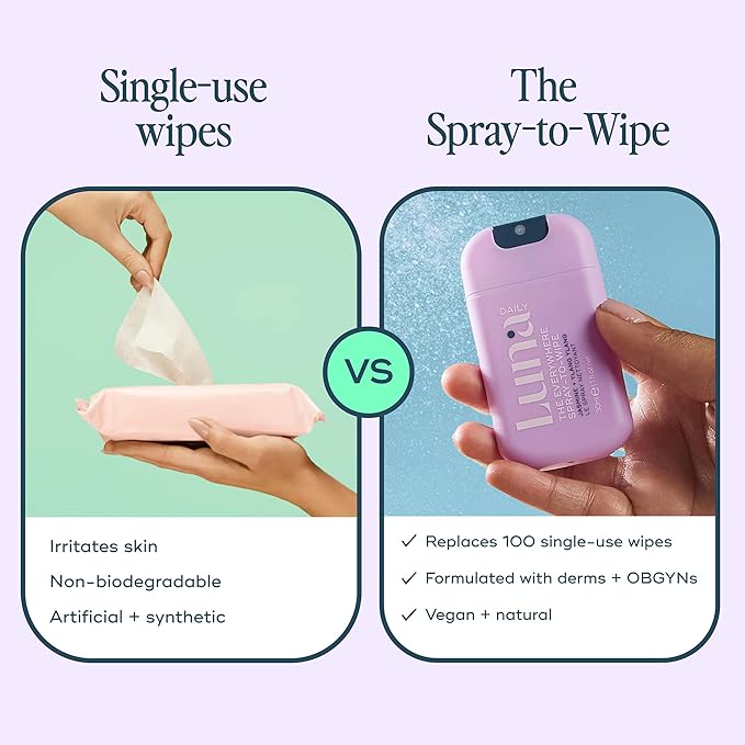 Luna Daily Spray to Wipe - Trio | Hydrating, Fragrance-Free & Original Feminine Mist | pH-Balanced, Natural Prebiotic Spray with Lactic Acid | Vegan, Plant-Based | Travel Set - 3 x 1 oz (30ml)