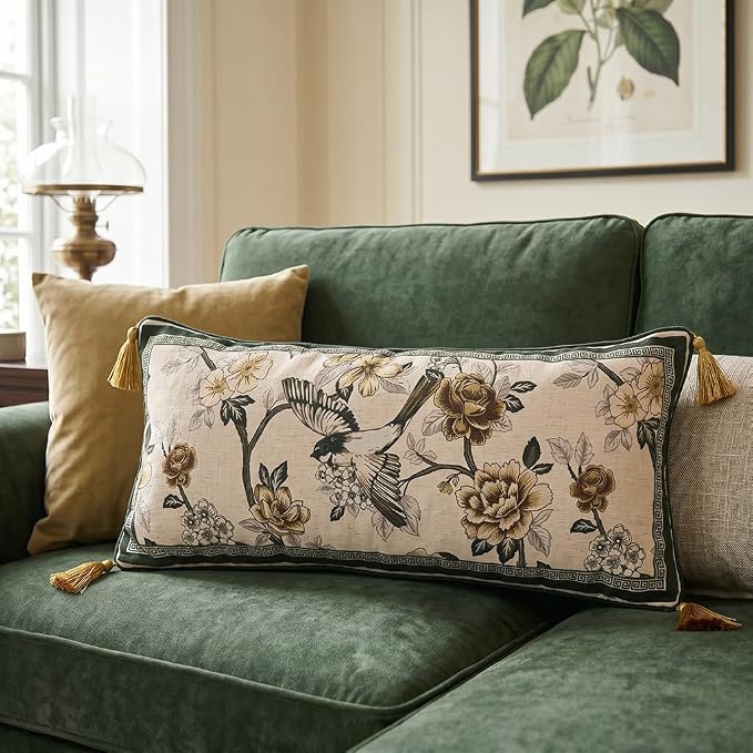 Vintage Linen Rectangle Throw Pillow Cover,Set of 2,28"x12"-Murad A | Designer French Decor Pillow Cover,Concealed Zipper Design,Floral and Bird Pattern,Sofa,Bedroom,Living Room,Lounge Chairs