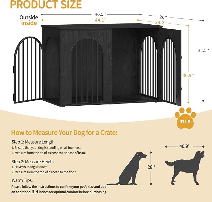 Hzuaneri 46.5'' Dog Crate Furniture,Dog Kennel Indoor for Medium/Large Dogs | Dog Kennel Furniture Wooden Dog Cage Heavy Duty Dog Crate Decorative Pet House End Side Table TV Stand,Black DFC93904B