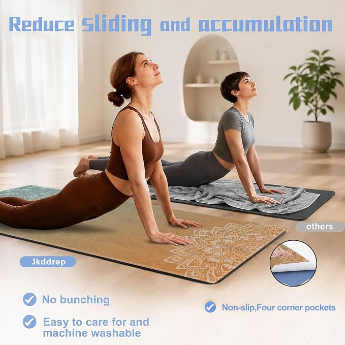 Yoga Mat Towel, Hot Yoga Non Slip with 4 Corner Pockets, 70 x 26 in | Soft Absorbent Microfiber With Four Corner Pockets, Fits Over Yoga Mats For Hot Yoga, Pilates, Gym, And Travel