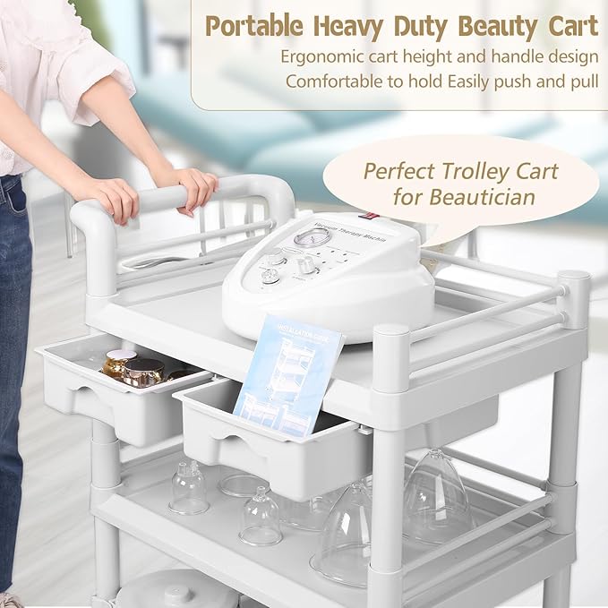 Beauty Trolley Cart with Wheels, Esthetician Cart with Handrail, Bucket and 2 Big Drawer, 3 Tier Heavy Duty Vacuum Therapy Machine Trolley, Load 330lbs, 360° Rotate Silent Wheels