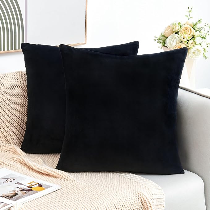Throw Pillow Covers Decorative Velvet Set of 2 24x24 Inch Pillow Covers, Soft Black Large Pillowcases for Couch Sofa Bed Living Room, Farmhouse Home Boho Decor, Square Accent Cushion Covers