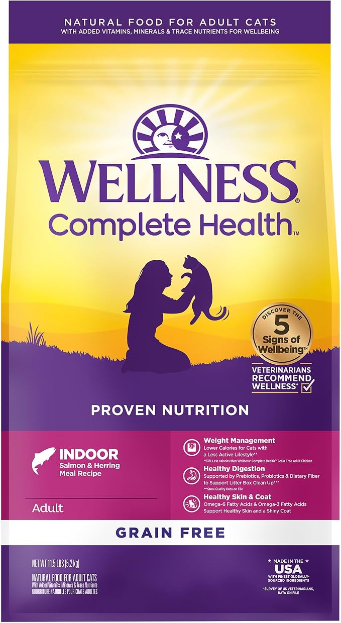 Wellness Complete Health Adult Dry Cat Food for Indoor Cats, Natural, Grain Free Kibble, Salmon and Herring Meal Recipe, 11.5 lb Bag